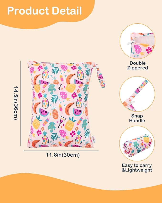 ALVABABY 2pcs Waterproof Wet Dry Bags,Reusable with Two Zippered Pockets,Baby Cloth Diaper,Travel,Beach,Pool,Daycare,Soiled Baby Items,Yoga Gym Bag,Swimsuits or Wet Clothes 2LW05