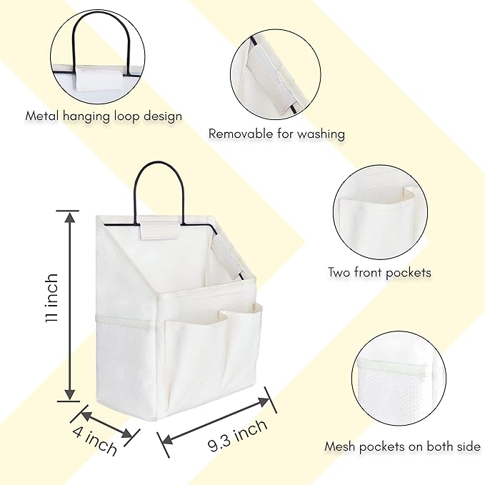 3pcs Wall Hanging Organizer Bag, Linen Fabric Door Hanging Storage Basket with Pockets, Waterproof Bin for Kitchen, Bedroom, Office, RV Camper (White-Upgraded)
