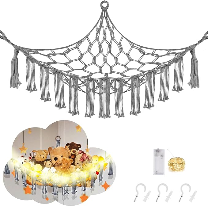 CERETIA Stuffed Animal Hammock with LED Light, Large Stuffed Animals Storage Corner Plushie Net for Kids Room Decor, Jumbo Grey