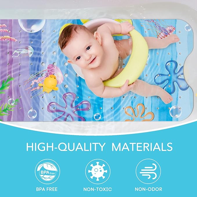 SHUCHING Beach Ocean Sea Baby Bath Mat for Tub Non Slip-40 X 16Inch, Kids Bathtub Mat Anti Slip, Toddler Long Shower Mat for Bathroom Mold Free, Machine Washable