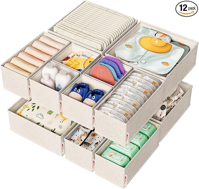 ZenStorage Cotton Linen Drawer Organizer for Baby Clothes, 12Pack Foldable Nursery Dresser Divider, Multi-Size Set Dresser Drawer Organizer for Nursery, Bedroom and Closet, Beige