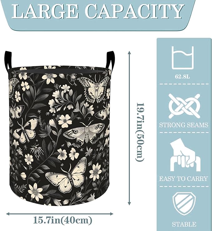 VODRM Vintage Butterfly Moth Floral Laundry Basket, Dirty Collapsible Clothes Toy Organizer Hamper for Kids Adults, Oxford Cloth Waterproof Storage Bin for Room Bathroom Home Decor Gifts, 19.7"X15.7"