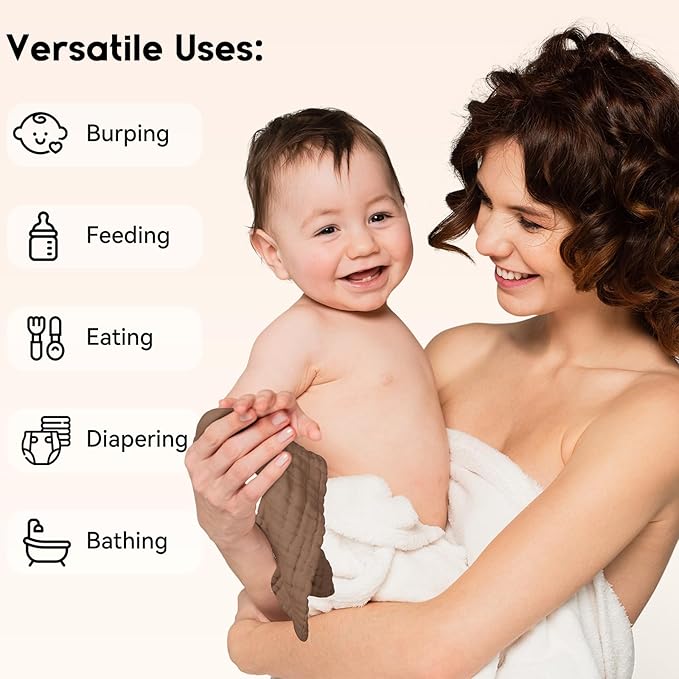 Unnivoll Muslin Burp Cloths Baby 12''X12'', Baby Washcloths 6 Pack, 100% Cotton Baby Wash Cloths Absorbent and Soft for Newborn Infants Kids Boys Girls - Gradient Brown