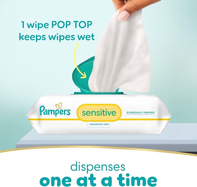 Pampers Sensitive Baby Wipes, Clinically Proven, Fragrance Free, Unscented, Water Based, Hypoallergenic, Multi-Use, Hand Wipes 672 Wipes Total (12X Flip-Top Packs) [Packaging May Vary]