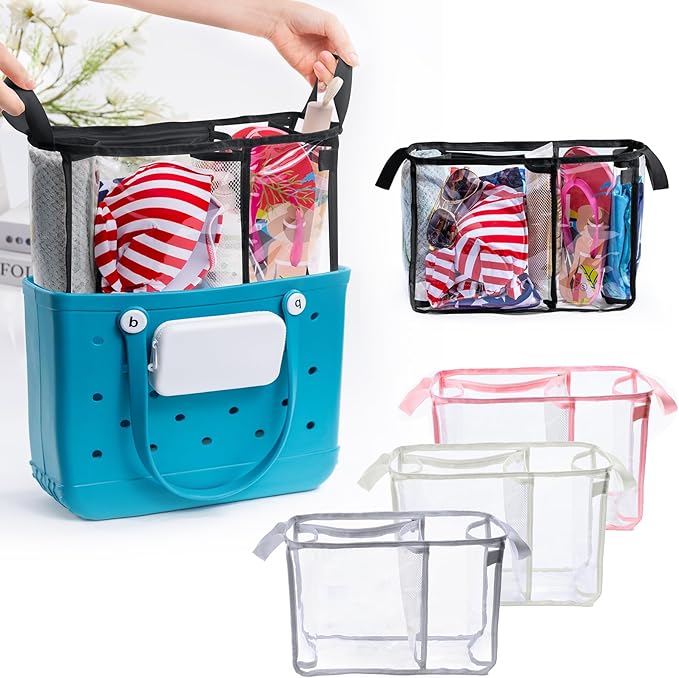 Clear Beach Bag Organizer Insert with 3pcs Accessories for Medium Bogg Bag Inserts -Beach Tote Bag Divider with Sunglasses Holder, Phone Holder and Clips Hooks - Beach Tote Insert Organizer Liner