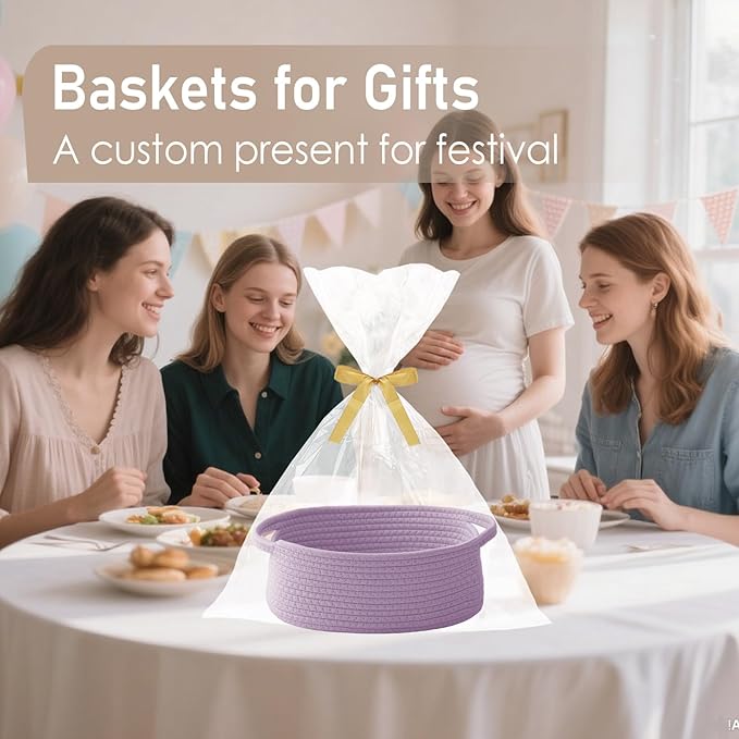 JMvicyroam Woven Basket,Small Rope Storage Bin with Handles & Ribbon Bag, Organizer for Shelves Closets,Gift Basket Empty for Birthday,Books,Dog Toys, Purple/2 Pack