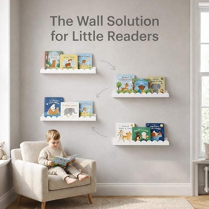 Nursery Floating Shelves for Kids Room, 4 Pack 15.7 Inch White Wall Shelves with Scalloped Edge, Kids Bookshelves for Toddler Bedroom, Playroom, Baby Nursery Decor