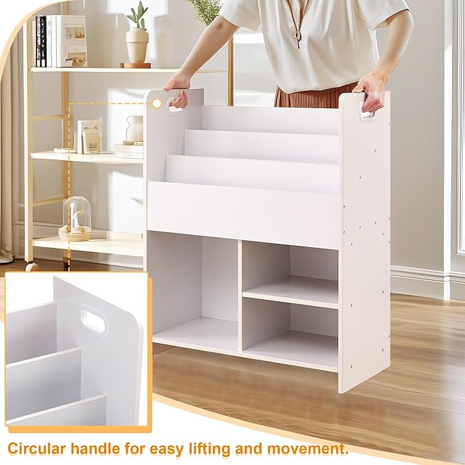 VECELO Kids Bookshelf with Toy Storage - Wooden Nursery Organizer for Books & Toys, Easy Assembly Playroom Shelf (White)