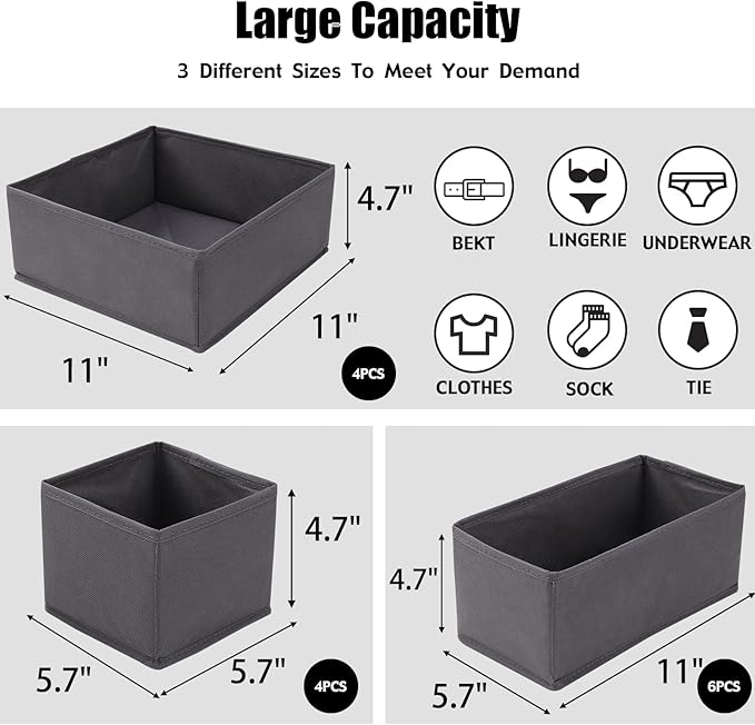 Foldable Dresser Drawer Organizers Clothes, Underwear Organizer Foldable Cloth Storage Box Drawer Divider Organizer Basket Bins for Underwear Socks, Bras, Underwear,14 Pack (Grey)