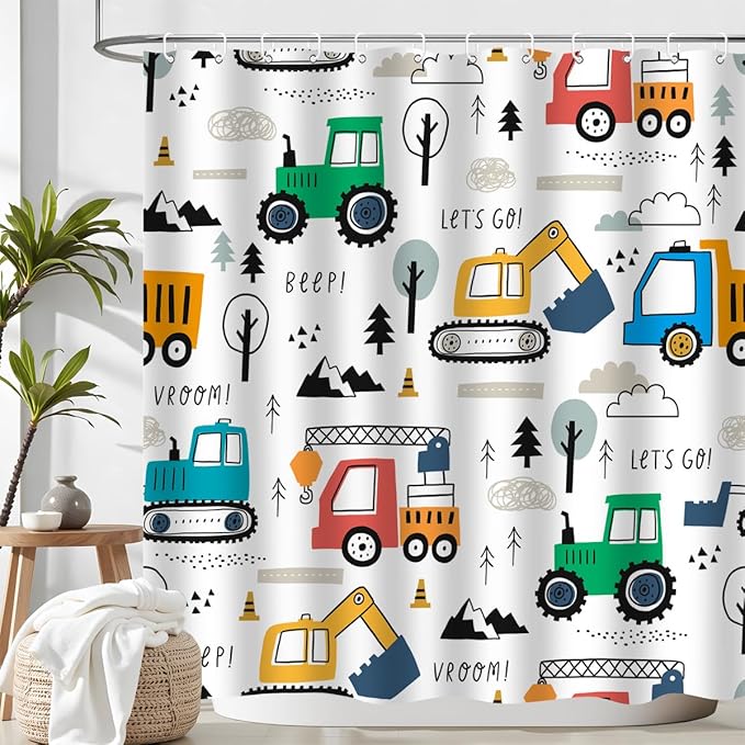 Colourful Construction Truck Shower Curtain Cartoon Excavator Vehicle Tractor Cars for Boys Kids Machinery Bathroom Decor Waterproof Fabric 72Lx72W Inch with Hooks