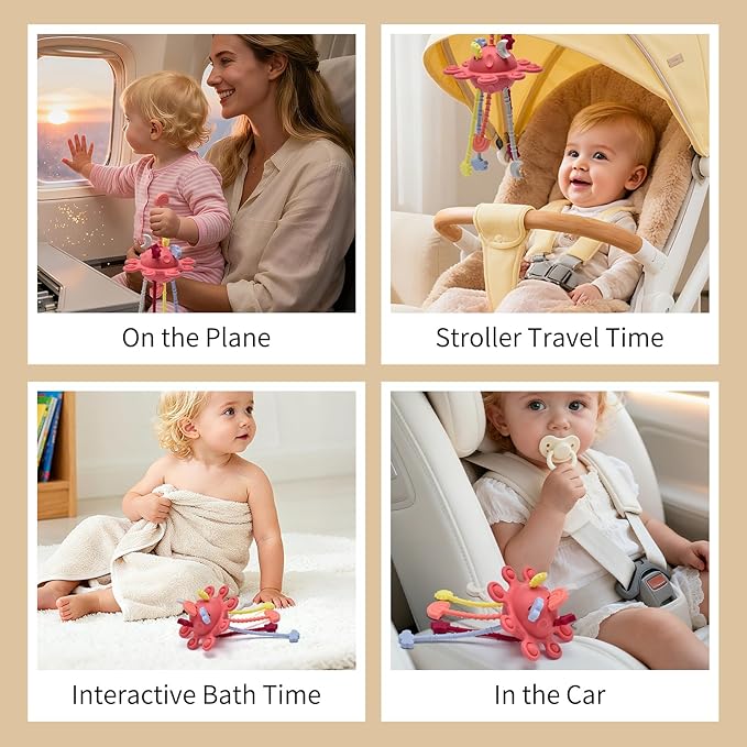 Little Rawr Silicone Baby Sensory Montessori Toys & Pull String Toys for 18 M+, Toddler Birthday Gift Car Seat Airplane Travel Toy for 1 2 Year Old Boy Girl Infant 18+ Months Old (Red)