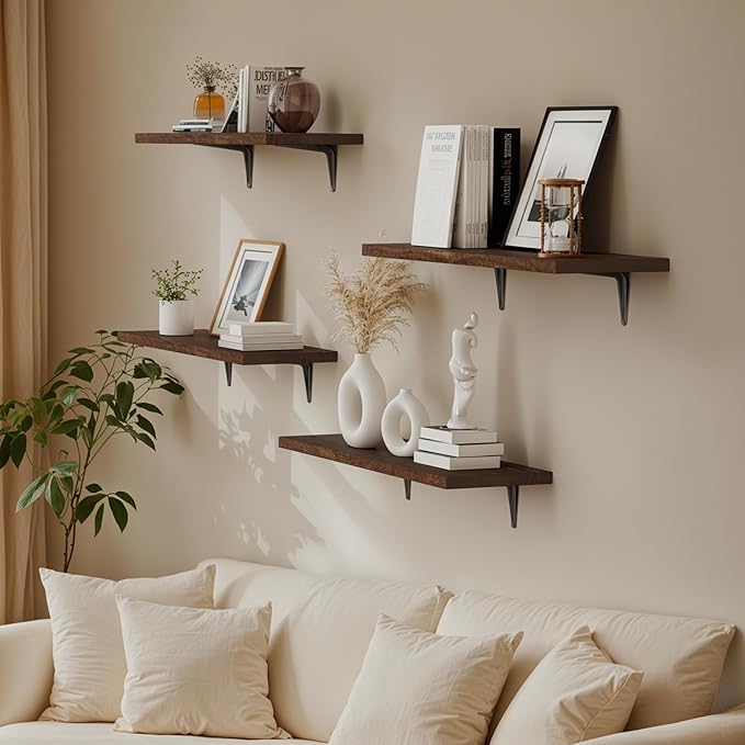 SKYSEN Floating Shelves for Wall Set of 6, 23.6in Wood Wall Shelf for Decor, Bathroom, Bedroom, Storage, Book,Kitchen, Living Room - Dark Brown(fs-60-d)