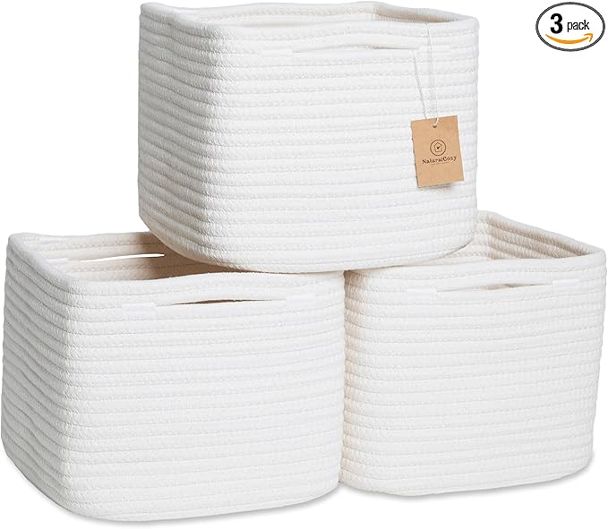 NaturalCozy Storage Cubes 9”x9”x7”Cotton Rope Woven Baskets for Organizing 3-Pack | 9 Inch Cube Storage Bin | Small Basket for Shelf Nursery, Pantry, Decorative Plant, Bathroom Closet, Toy Gift