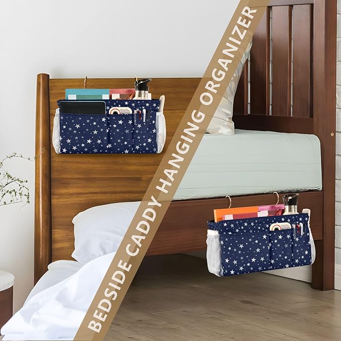 Bedside Caddy Hanging Bunk Bed Caddy Bed Organizer Hanging Pocket with 2 Hooks Bedside Storage Organizer Pocket Bag Holder Stars Dark Blue