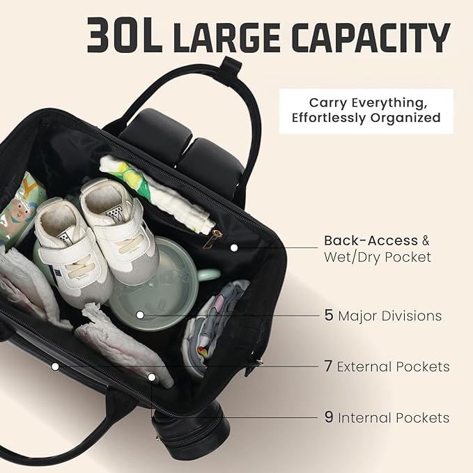 ROSEGIN Premium Vegan Leather Diaper Bag Backpack with Waterproof Changing Pad – Reinforced Stitching & Zippers, Baby Bag for Boy Girl, Stroller Straps, Ergonomic Design for Traveling Moms, Black