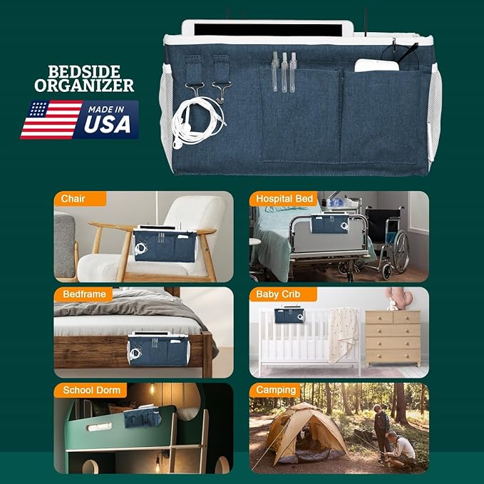 Bedside Caddy Organizer Hanging Storage Bag with Pockets for Books, Magazines, Phone, Tablet & Water Bottle – Bedside Storage for Dorm, Bunk Beds, Hospital Beds & Cribs,Blue