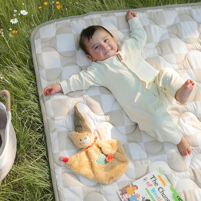 Momcozy Baby Play Mat for Floor, 50x50 Thickened Playpen Mat, Playmate for Baby Tummy Time, Waterproof & Non-Slip, Foldable Outdoor Mat with Carrying Handle, Khaki Plaid