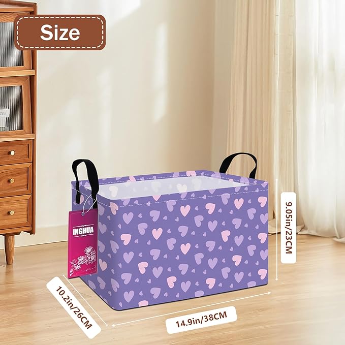 INGHUA Rectangular Storage Basket Fabric Organizer Bin for Toys,Books,Clothes,Gifts,Pets-Perfect for Home,Office,Nursery,Dorm,Shelf(Rec-Purple hearts)