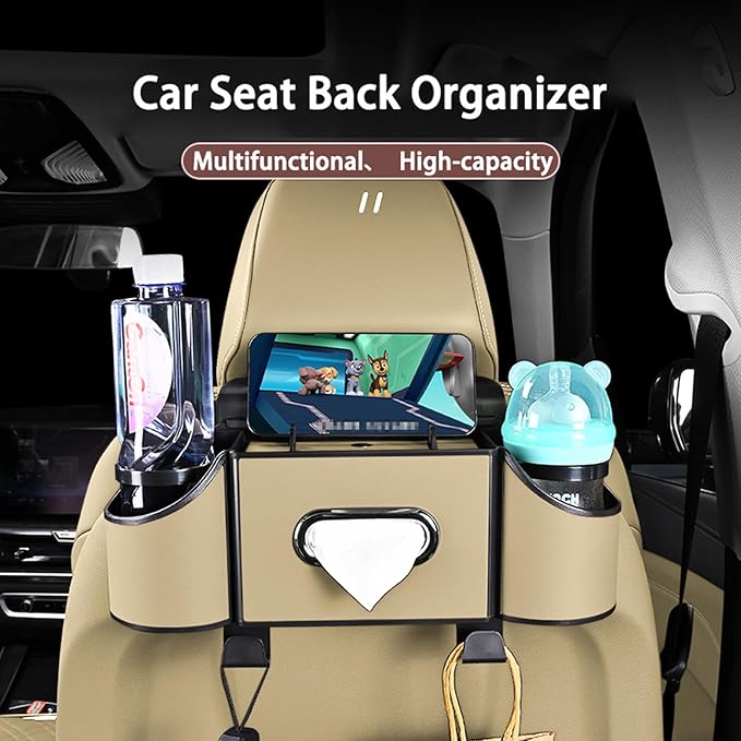 Back Seat Car Organizer,4 in 1 Multifunctional Car Back Seat Storage Box with Drink Cup Holder Tissue Box, for Hold Phone,Snacks, Drinks, Handbag-Meter