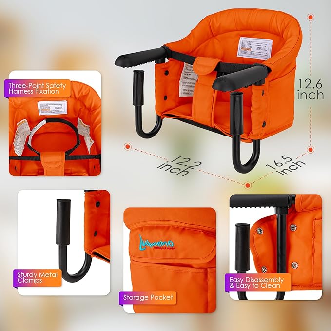 Hook on High Chair,Portable Foldable High Chair for Babies 6-36 Months, Includes Storage Bag (Orange)