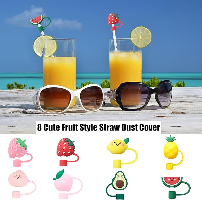 RENUIS 8Pcs Cute 10mm Fruit Straw Covers Cap for Stanley Cup,Silicone Straw Toppers Compatible with Stanley 30&40 Oz Tumblers with Handle, Dust-Proof Reusable Lids Tumbler Cup Accessories