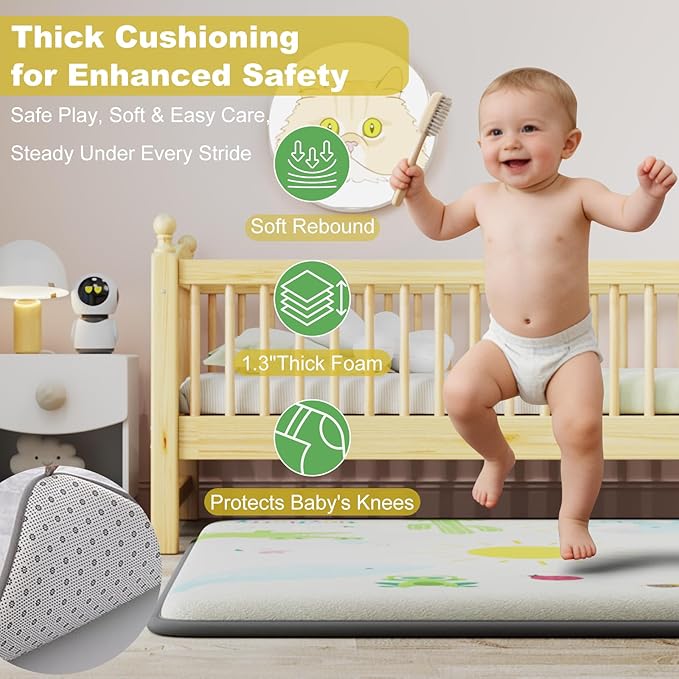 Baby Play Mat for Floor, 1.3" Thick Elasti-Foam Baby Play Mat, 50x50 Playpen Mat for Toddlers Infant kids, Water Repellent Soft Coral Velvet Crawling Mat for Floor, Non-Slip Backing Safe Jungle Safari