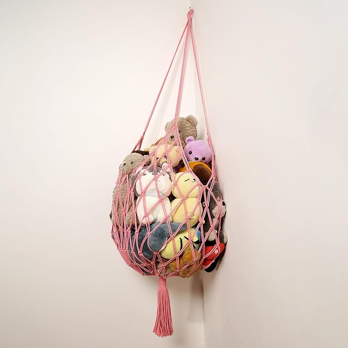 Stuffed Animal Storage Hammock Corner Hanging Net Stuffy Animal Hammock Macrame Toy Display Plush Toy Holder for Kid Bedroom Decor Boho Nursery Playroom Organizer (pink)