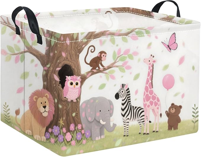 TIBAOLOVER Rectangular Baby Kids Storage Basket for Home Kitchen Girls Cute Storage Bin Organizer Shelf Book Room Decor(Pink Animal)