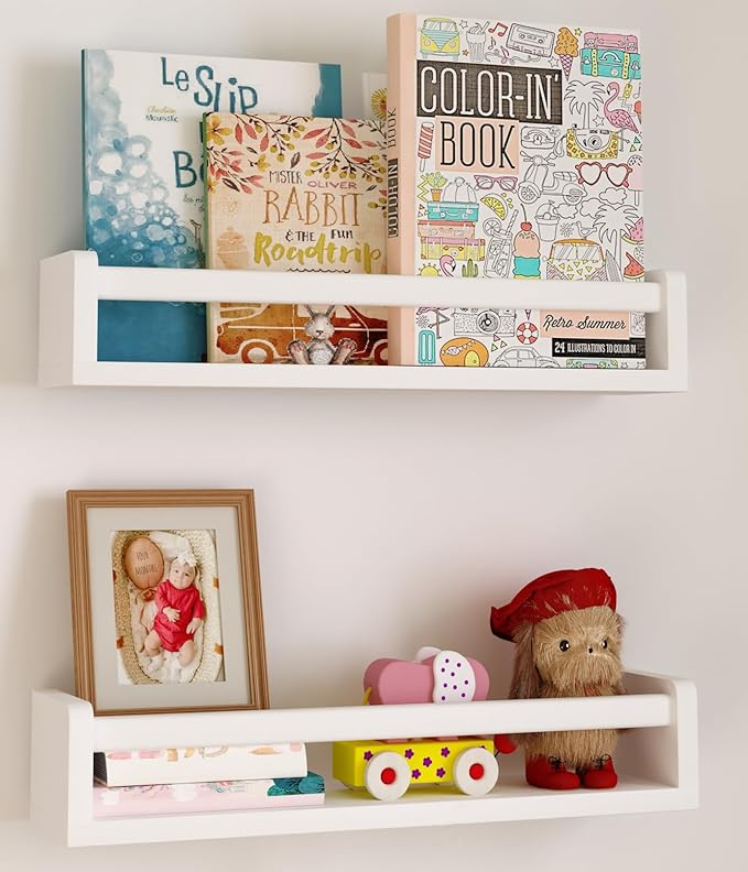 Heimlove Nursery Floating Shelves, Solid Wood Nursery Book Shelves for Wall, 16 inch Bookshelf for Kids, Wall Mounted Shelves for Books,Toys and Decor Storage, Set of 2 (White)