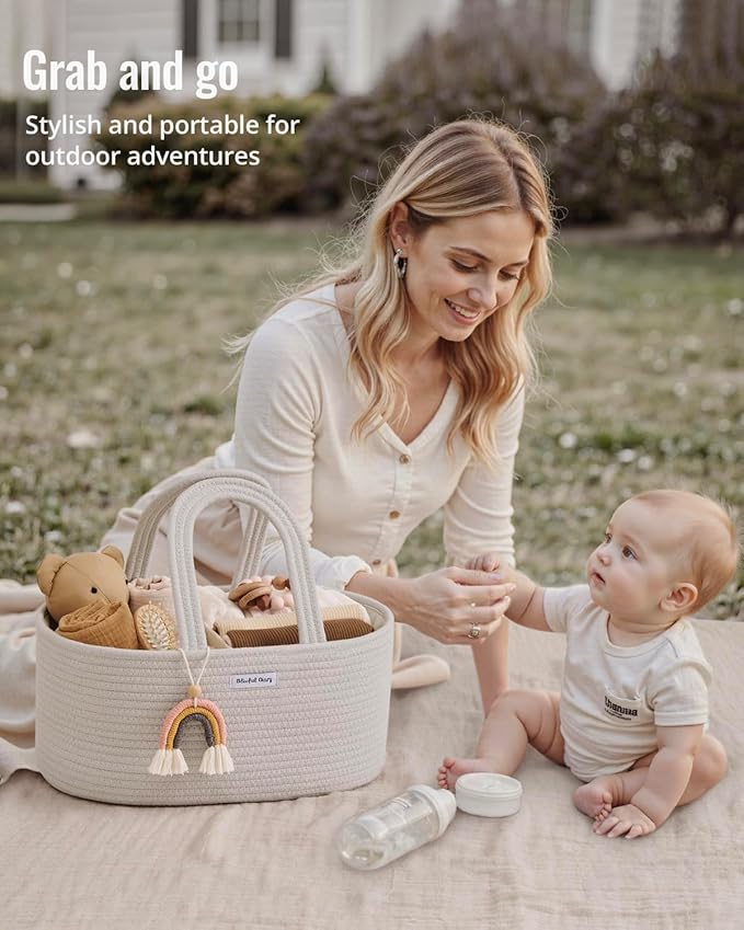 Blissful Diary Baby Diaper Caddy Organizer, Cotton Rope Diaper Caddy Basket, Oval Storage Basket, Gift for Baby Shower, Newborn Essentials, Beige