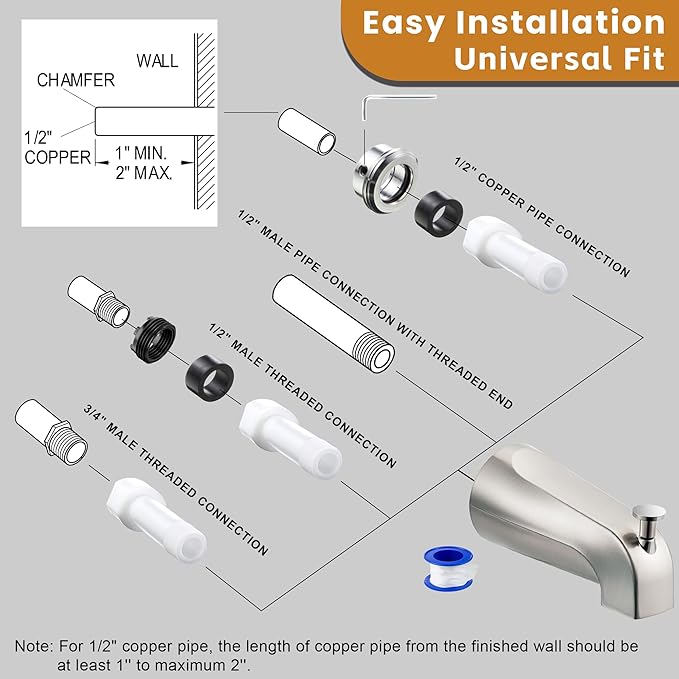 Dreyoo Tub Spout (Universal Fits 1/2" Copper Pipe, 1/2" IPS and 3/4" IPS), Bathroom Bathtub Faucet with Adapters and Hex Wrench(Brushed Nickel,Simple)