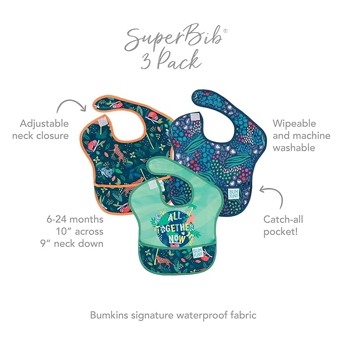 Bumkins Bibs for Girl or Boy, SuperBib Baby and Toddler for 6-24 Months, Essential Must Have for Eating, Feeding, Baby Led Weaning Supplies, Mess Saving Catch Food, Waterproof Fabric 3-pk Jungle