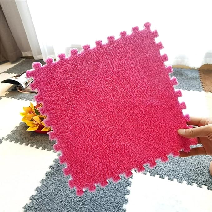 12pcs Plush Puzzle Foam Floor Mat, Soft Thicken Fluffy Interlocking Square Foam Tiles Area Rugs Carpet for Parlor Bedroom Decoration(11.8x11.8x0.55in,Rose Red&Pink)