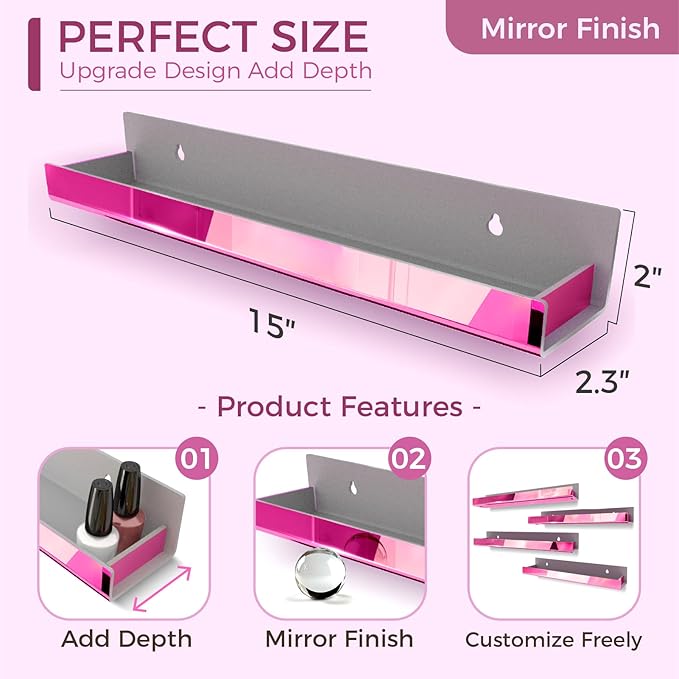 RORKIM 4 Pack 15 Inch Pink Reflective Acrylic Shelves, Pink Floating Shelves, Modern Sunglasses Essential Oil Picture Ledge Display Toy Storage Shelf