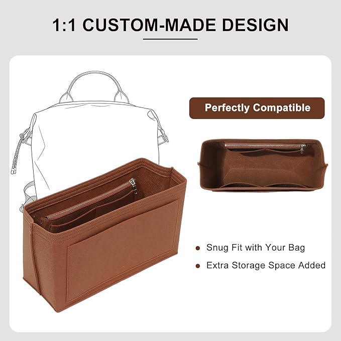 Premium Felt Purse Organizer Insert Compatible with Long Champ Le Pliage L Backpack, Lightwieight Bag Divider Shaper with 8 Pockets & YKK Zipper, Brown/LB