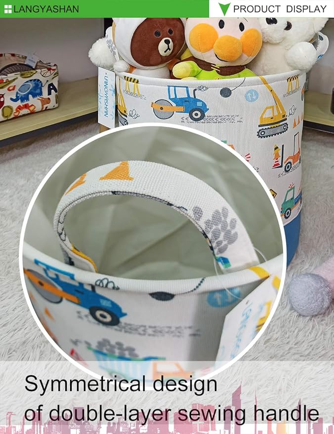 LANGYASHAN Laundry Basket Cotton Collapsible Organizer Storage Basket for Boys girls Laundry Hamper Toy Bins Gift Baskets Bedroom Clothes Children Nursery(Engineering Car)