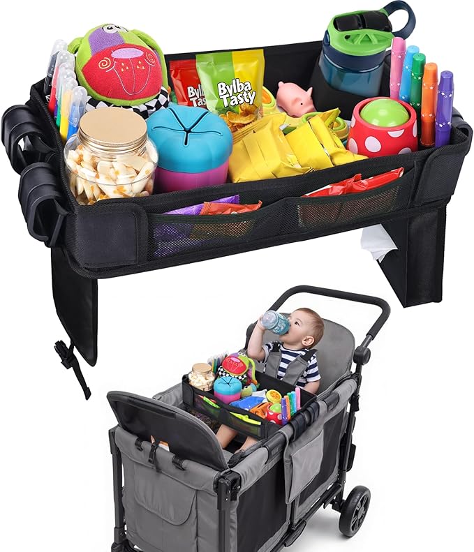 Babenest Stroller Snack Tray for Wonderfold Wagon W2, Foldable Thickened Snack Tray with Cup Holder, Storage Mesh Bag & Pen Slot, Easy to Clean Snack Board for Drawing
