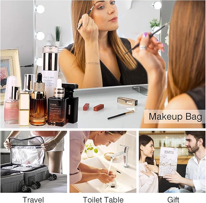 BOYATU Travel Makeup Bag Organizer Cosmetic Bag: 3 Pcs Set Make up Bags for Women with Handle - Waterproof Vegan Leather Toiletry Bags Travel Essentials Pouch with Compartments (01-D-Beige)