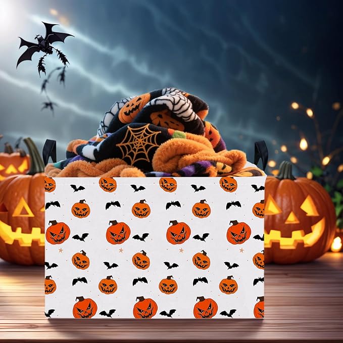 ASKETAM Large Halloween Basket Gift Personality Pumpkin Ghost Parties Decor Kid Trick or Treat Basket for Boys and Girls Rectangular Storage Bin Box (Pumpkin Bat)