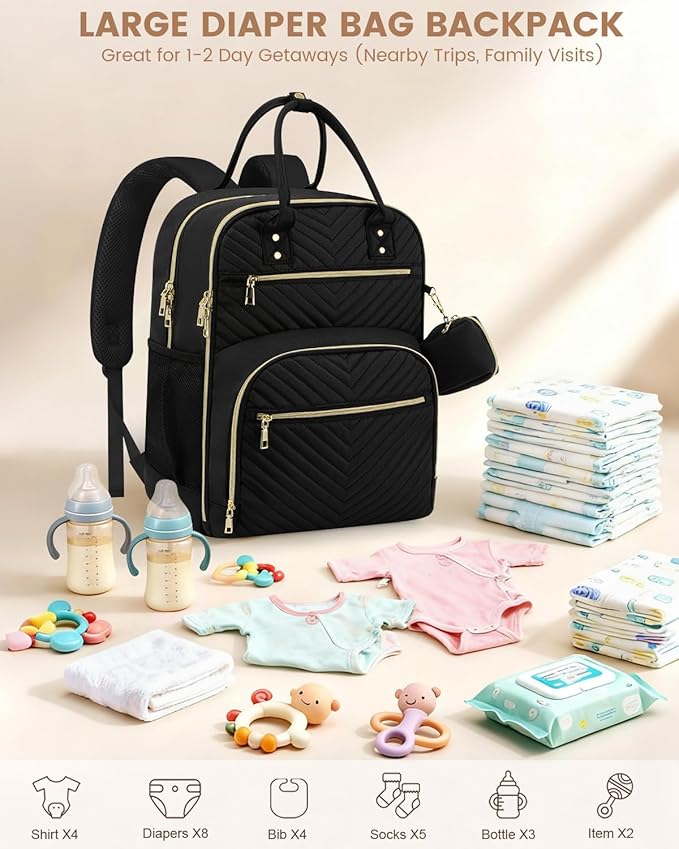 Pritent Diaper Bag Backpack,Baby Essentials Diapers Bag with Pacifier Case,Multipurpose Stylish Large Capacity Travel Backpack for Baby Girl/Boy(L-Black)