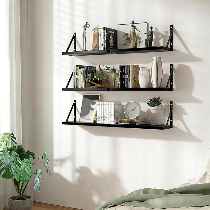 Floating Book Shelves Set of 3, Wall Bookshelf, 33 inch Long Wood Shelf for Wall Storage, Hanging Shelving for Bedroom, Bathroom, Living Room, Kitchen, Office and Plants (Black)