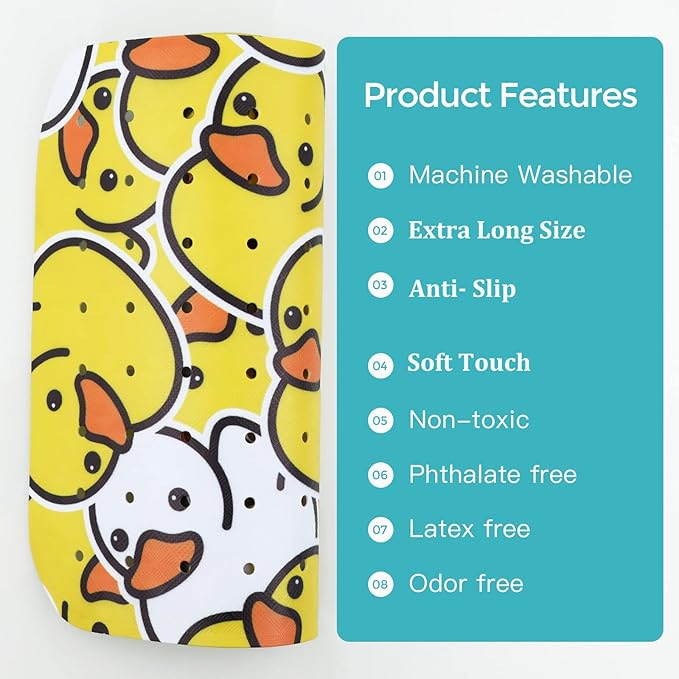Tubozadi Bathtub Mat Non Slip Shower Mat for Kids Adults & Elderly 40X16 Inch Extra Long Anti Slip Bath Mats for tub Mat with Suction Cups and Drain Holes,Duck