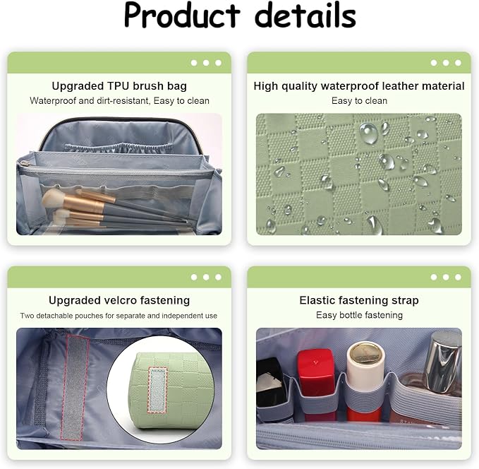 BOYATU Travel Makeup Bag Organizer Cosmetic Bag: 3 Pcs Set Make up Bags for Women with Handle - Waterproof Vegan Leather Toiletry Bags Travel Essentials Pouch with Compartments (01-D-Green)