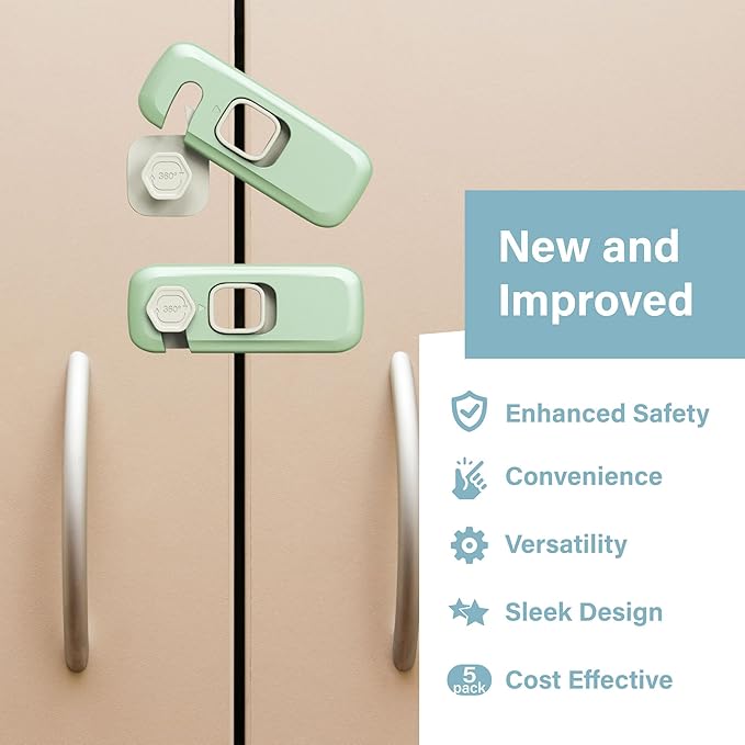 Heart of Tafiti 5 Pack Childproof Refrigerator Lock, French Fridge Door Latches, Baby Safety Locks for Cabinet, Cupboard, Drawers, Dishwasher, Oven, Closet, Strong Adhesive-Easy to Install, Green