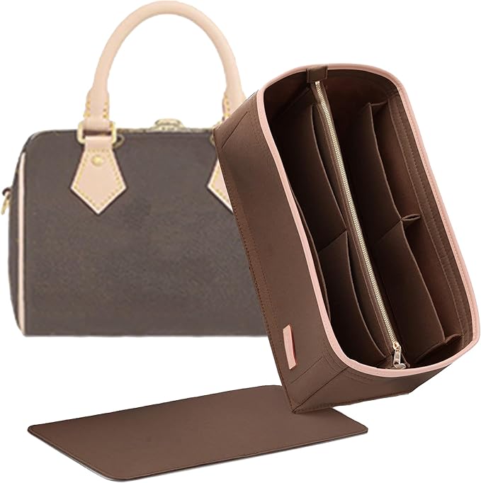 Doxo Purse Organizer Insert for Handbags & Base Shaper 2pc Set with Zipper, Felt Bag Organizer for Tote, Purse Organizer for LV Speedy 25/30/35 Neverfull MM Le Pliage L Tote Bag and More(Brown-L)