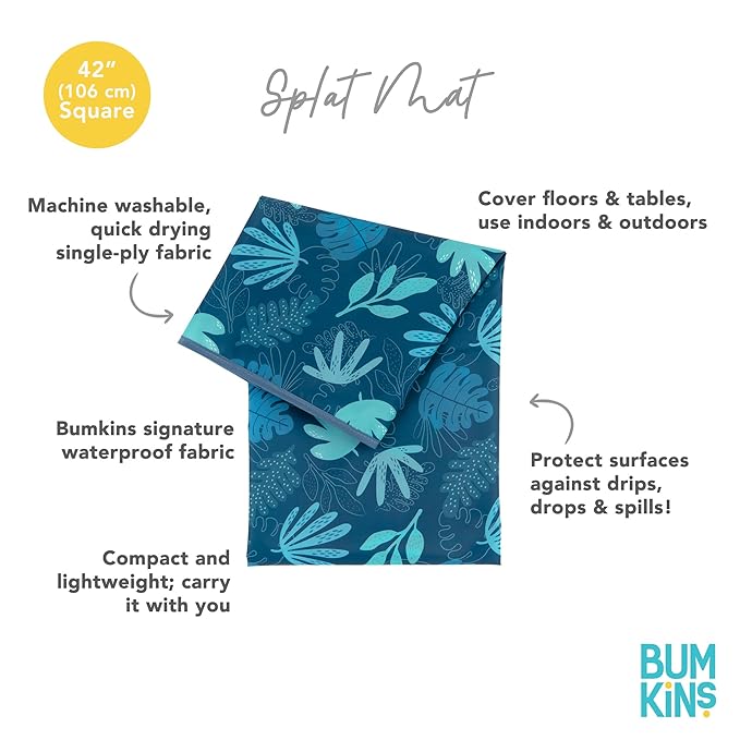 Bumkins Baby Splat Mat for Under High Chair, Babies Toddlers Eating Mess Mat, Waterproof Reusable Cloth for Arts and Crafts, Playtime Mat for Kids, Floors or Tables, Fabric 42inx42in, Blue Tropic