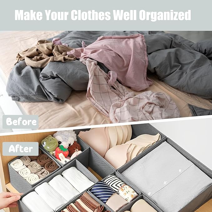 Drawer Organizer Clothes 12 Pack Clothes Organizer Dresser Drawer Organizers for Socks Underwears Bras Foldable Closet Organizers and Storage Fabric Storage Dividers for Nursery Bedroom, Gray