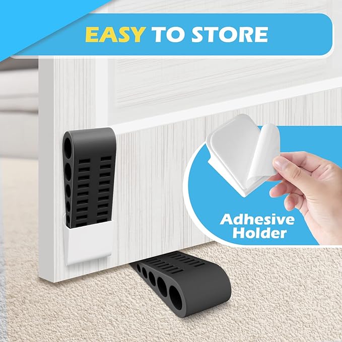 Rubber Door Stoppers for Bottom of Door - Door Stop Wedge with Holder for Home Office Stackable on Multi Floor Carpet Concrete Tile Linoleum & Wood Heavy Duty Doorstop No Sliding Drilling Black