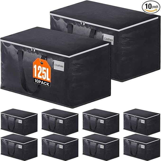 Moving Bags Heavy Duty with Strong Zippers and Handles Collapsible Moving Supplies, Storage Totes for Packing & Moving Storing 125L 10Pack