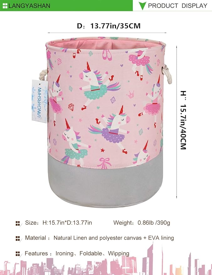LANGYASHAN Laundry Basket Canvas Collapsible Organizer Storage Basket for Boys Girls Hamper Toy Bins Gift Bedroom Clothes Children Nursery (Pink Dancing Unicorn)